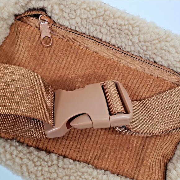 Sherpa and Cordoroy Belt Bag Gold Fanny Pack Beige - Picture 3 of 10